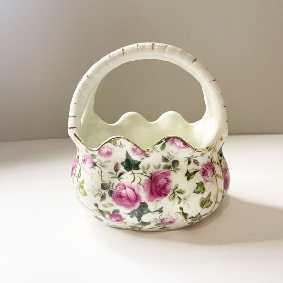 Formalities by Baum Bros Pink Rose White Basket Vase Small Porcelain Glass - Picture 11 of 16